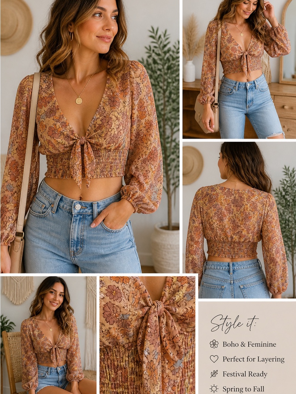 Boho Floral Front Tie Crop Top Indi Coachella Crop Hippie Festival Size XS - Picture 2 of 11